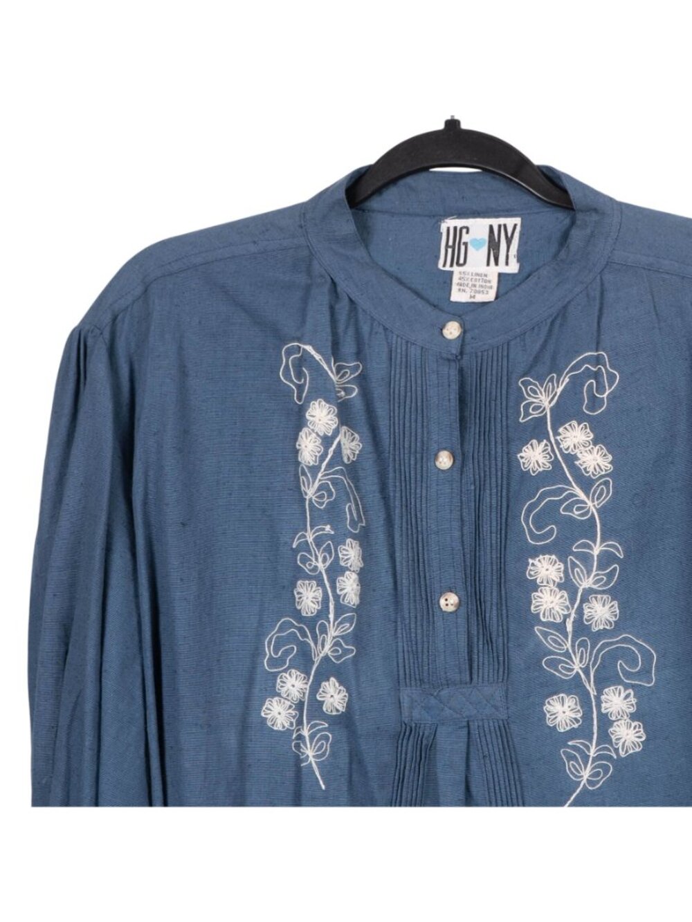 Embroidered Tunic Blouse M Linen Shirt Floral Pleated Button 90s Boho Western - Picture 2 of 7